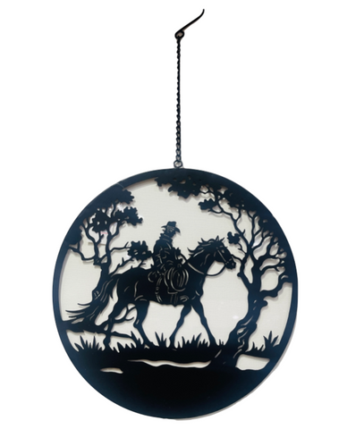 Man on Horse Round Metal Wall Art Hanging w Chain in Black Home House Decor 33 cm