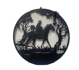 Man on Horse Round Metal Wall Art Hanging w Chain in Black Home House Decor 33 cm