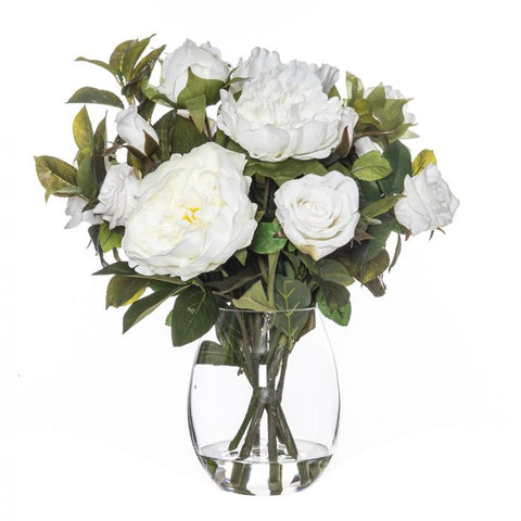 Rogue Artificial Flower Arrangement Rose Peony Garden Mix-Claire Vase in Pure White