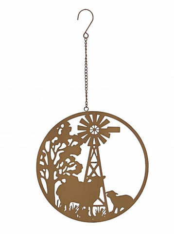 Sheep & Windmill Round Metal Wall Art Hanging w Chain in Rust Home House Decor 33 cm