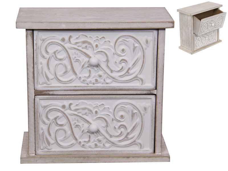 Filigree 2 Drawer Wood Cabinet in White Vintage Style Table Decor 19 cm H