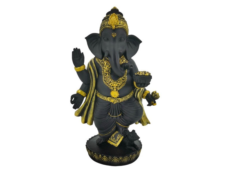 Black & Gold Standing Ganesh Figurine Statue House Garden Decor 28 cm