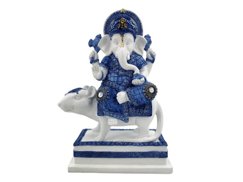 Blue & White Sitting on Rat Ganesh Figurine Statue House Garden Decor 20cm
