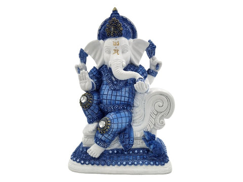Blue & White Sitting Ganesh Figurine Statue House Home Garden Decor 21 cm