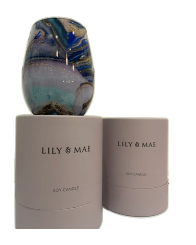 Lily & Mae Soy Candle Blue Gold Pinksh Marble Looking Glass Jar 380g Coconut & sea salt