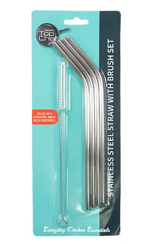 4x Stainless Steel Straw w Brush Pack 20cm L Kitchen Travel Home Essential