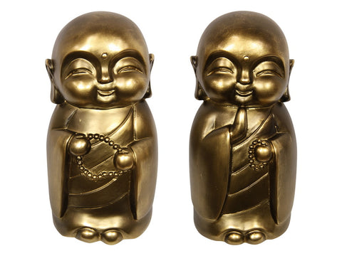 Set of 2 Japanese Jizo Buddha Monk Outdoor Home Garden Ornament Decor in Gold 31cm