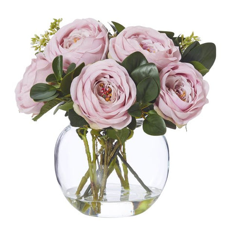 Rogue Fake Artificial Columbian Roses Glass Fish Bowl Vase in Pink 31 cm