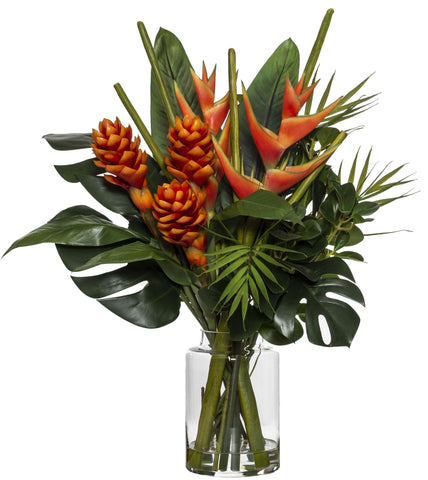 Rogue Fake Artificial Tropical Heliconia Mix Pail w Glass Vase Red Orange 74 cm