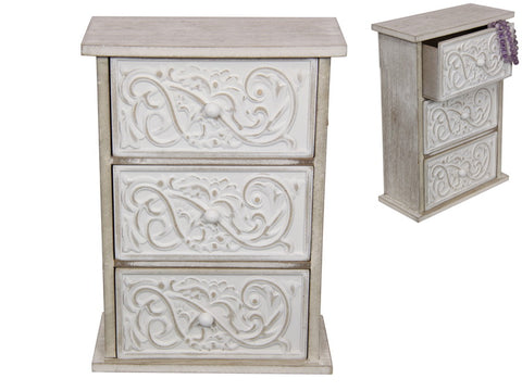 Filigree 3 Drawer Wood Cabinet in White Vintage Style Table Decor 27 cm H