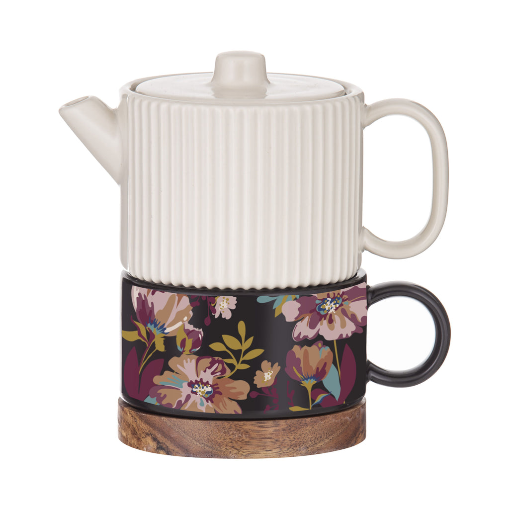 Amalfi "Jardin" 4 Pieces Tea Coffee for One w Cup Coaster Cacatia Trivet Infuser