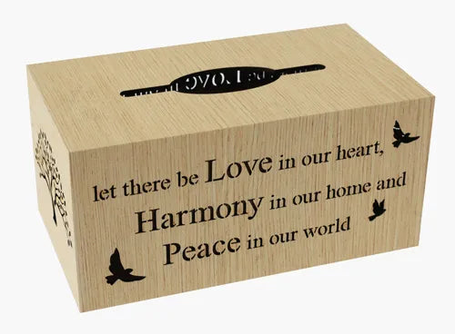 Woodcraft MDF Wood Tissue Box Cover Table Decor 14 x 25 cm - Love Harmony Peace