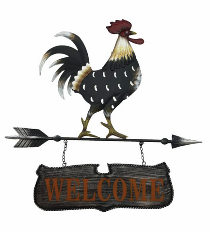 Metal Wall Art Rooster Welcome Sign Arrow Grey Home House Decor 80 x 76 cm