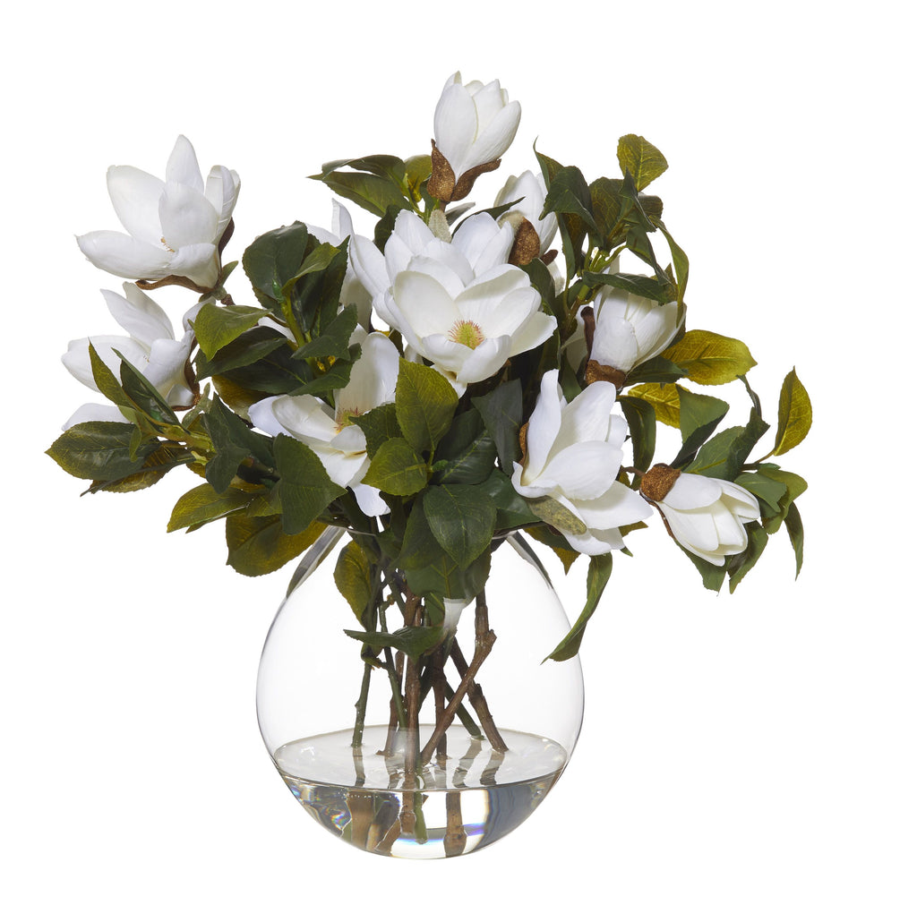 Rogue Artificial Flower Arrangement w/ Water White "Magnolia Mix Cannonball Vase" 41 CM
