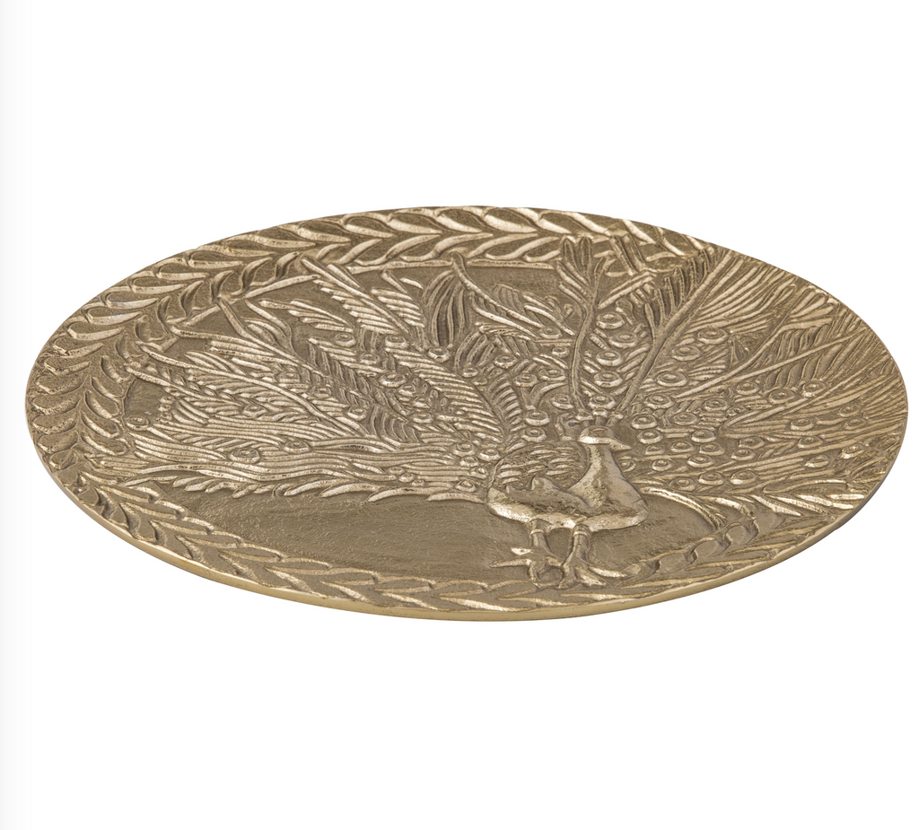 New Amalfi "MASIKA" Plate in Gold Metal Peacock Home Decor Handmade 28 cm Dia