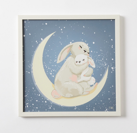 Night Time Bunny Rabbit Hug Square Wall Art Children Room Kids 41 cm
