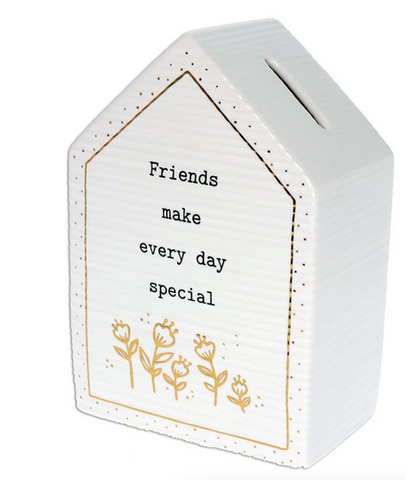 Ceramic House Money Box Friends Make Day Special Home House Deco White 15 cm