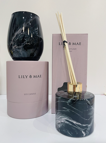 Lily & Mae Reed Diffuser Black Marble Looking Glass Jar 200 ml Bergomot