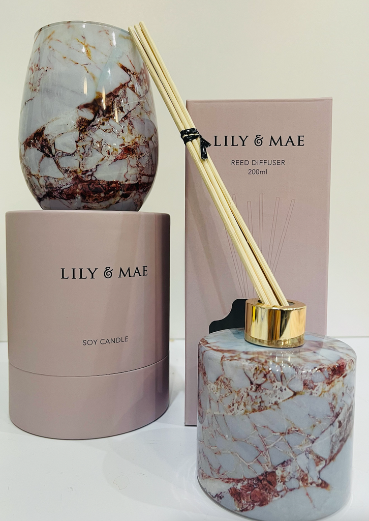 Lily & Mae Reed Diffuser Cream White Marble Looking Glass Jar 200 ml Coconut & Sea Salt